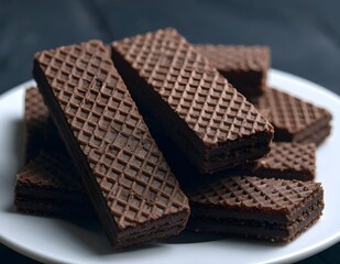 Crispy chocolate wafer biscuits stacked on a white plate with wooden background. Delicious sweet snack perfect for dessert, advertising, or packaging design.
