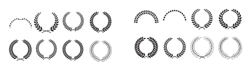 Black Laurel Wreath Silhouette and Outline Icon Set