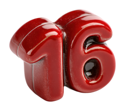 Creative red number 16 displayed on a artistic concept isolated on transparent background