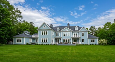 Obraz premium A luxurious house with blue siding and a green lawn under a blue sky