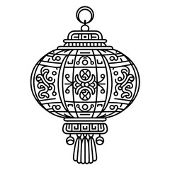 Black outline of a decorative traditional Chinese lantern with intricate patterns and tassels decoration