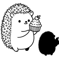 A hedgehog holding a cupcake silhouette on a white background animal food