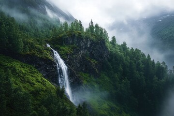 Misty mountain waterfall cascading down a verdant hillside