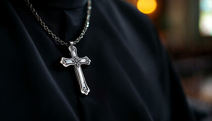Close-up of priest’s cross necklace resting on cassock in soft, sacred light.
