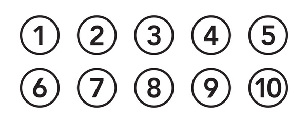 Bullet Points icon set in line style, Simple round numbers in flat style, Set of 1-10 numbers simple black symbol sign for apps, UI, and website, vector illustration.