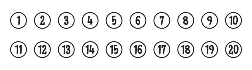 Bullet Points icon set in line style, Simple round numbers in flat style, Set of 1-20 numbers simple black symbol sign for apps, UI, and website, vector illustration.