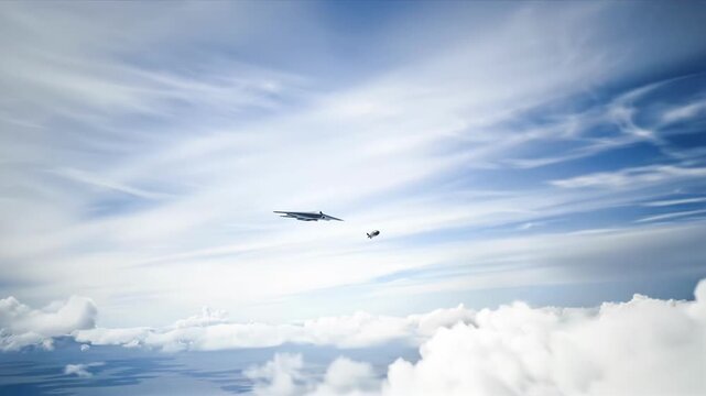 B-2 Spirit stealth bomber releasing two bombs high above the clouds, showcasing advanced military aviation and stealth technology.
