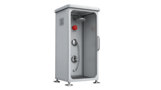 Emergency shower with foot pedal activation background isolated on a Transparent background, PNG file.