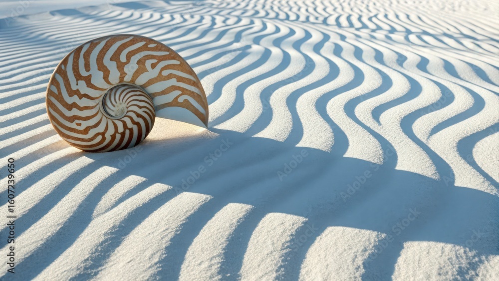 Poster nautilus shell on white sand dunes with wave patterns created by wind and shadows in bright sunlight