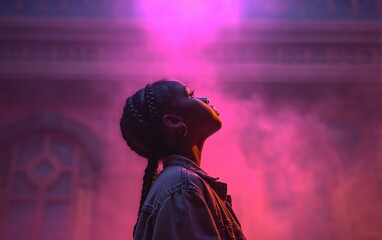 A young Black woman with braided hair is seen in profile from the waist up, standing under pink and purple smoke rising above her head.