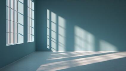 Obraz premium Sunlight casts shadows on a light teal interior space.