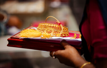 Gold ornaments at a jewellery showroom 