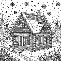 Snowy Cabin with Christmas Pattern Silhouette winter