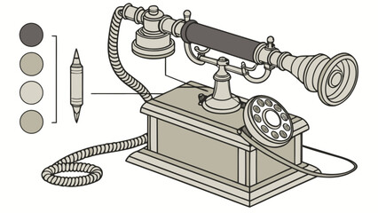 Illustration of an antique candlestick telephone with rotary dial and color palette on the side