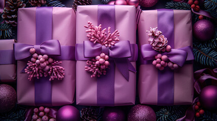 Merry Christmas, New Year, closeup craft violet gift box holiday background, copy space, banner