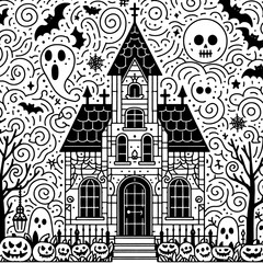 Spooky Haunted House Silhouette with Halloween Pattern on White Background vector