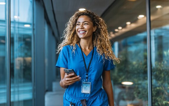 A nurse smiling while holding her phone in front of the hospital, wearing blue scrubs and curly hair .