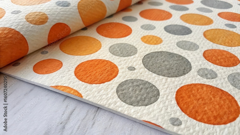 Poster close up of textured surface with orange and gray polka dots on a white background material texture