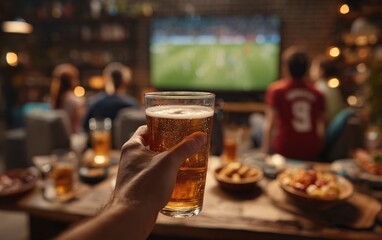 a close up of hand holding beer in front, football fans celebrating at home party with pizza and wine on table, tv screen showing game on background,