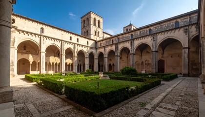 Fototapeta premium Ancient monastery courtyard under a clear sky