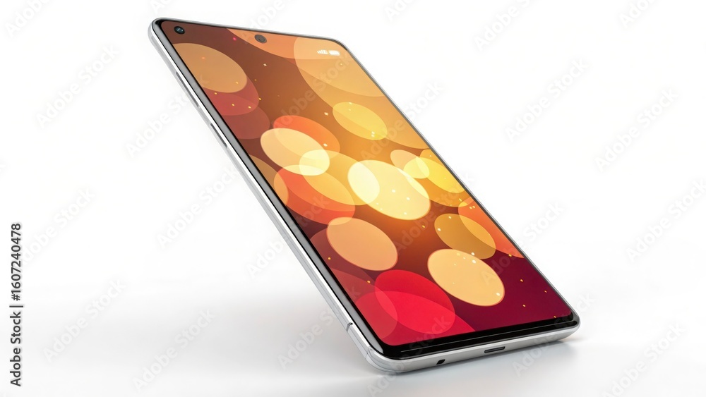 Poster a close up view of a smartphone with a bokeh style wallpaper on a white surface at an angle view