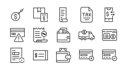Bill payment and finance linear icon set. Invoice, receipt, banking, online transaction, tax, ATM, credit card, money transfer, budgeting, financial document vector icon set. UI thin line pack.