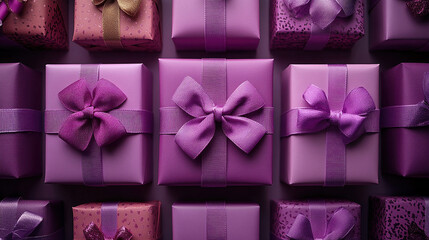 Merry Christmas, New Year, closeup craft violet gift box holiday background, copy space, banner