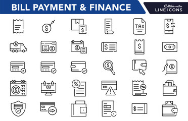 Bill payment and finance linear icon set. Invoice, receipt, banking, online transaction, tax, ATM, credit card, money transfer, budgeting, financial document vector icon set. UI thin line pack.
