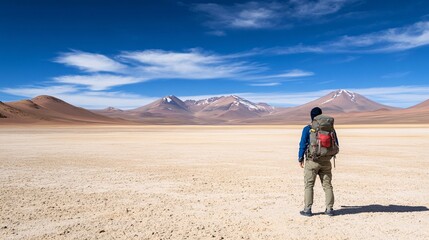 Solitude in the Vast Desert - Backpacker Standing Still in the Arid Wilderness