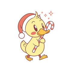  A cute cartoon duckling wearing a Santa hat holds a candy cane, with sparkling stars, isolated on a white background
