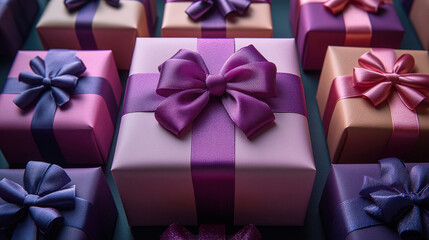 Merry Christmas, New Year, closeup craft violet gift box holiday background, copy space, banner
