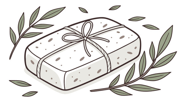 A rectangular gift wrapped with string and a bow surrounded by olive branches and scattered leaves