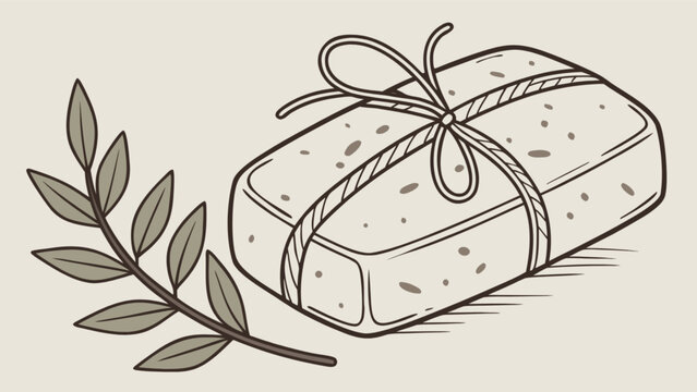 Illustration of a wrapped soap bar with string and a leafy branch on a light beige background