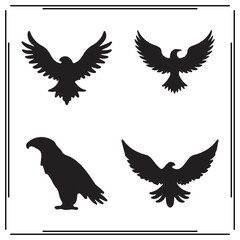 Silhouettes of Four Eagles - Flying, Soaring, and Perched Bird Designs - Bird of Prey Vector, Black Eagle Icons for Wildlife and Nature Illustrations