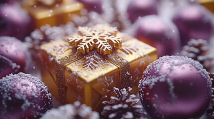Closeup yellow craft packaging, holiday background purple monochrome style, gold decoration ball, pine cones, stars, snowflakes, gift box. Flat lay, copy space, banner, Merry Christmas, New Year