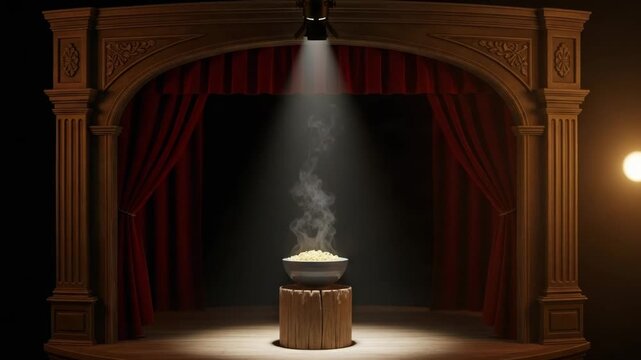 A steaming bowl of noodles presented on a pedestal under a spotlight in a miniature theater. A surreal, artistic food concept with dramatic lighting
