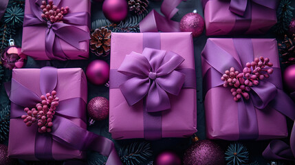 Merry Christmas, New Year, close up violet craft packaging, holiday background purple monochrome style, gold decoration ball, pine cones, stars, snowflakes, gift box. Flat lay, copy space, banner
