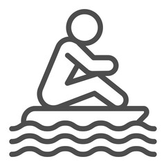 Man on raft floating in water line icon, summer sports concept. Vector graphics. Surfboard with man and sea waves sign on white background, outline style icon for mobile or web design.