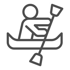 Athlete man in a kayak boat with oars line icon, summer Sportsman at dam with paddle, kayaking sign on white background, outline style icon for mobile or web design.