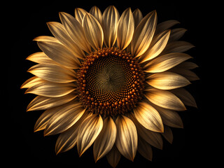 Fototapeta premium Close up of a golden sunflower with dark brown center against a black background