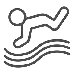 Jump of diver man line icon, diving sport concept. Vector graphics. Athlete man and water waves, sportsman sign on white background, outline style icon for mobile or web design.