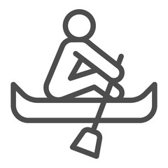 Sportsman at dam with paddle line icon, summer sports concept. Vector graphics. Athlete man in a kayak boat with oar sign on white background, outline style icon for mobile or web design.