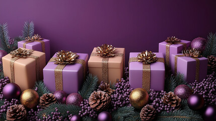 Closeup pink craft packaging, holiday background purple monochrome style, gold decoration ball, pine cones, stars, snowflakes, gift box. Flat lay, copy space, banner, Merry Christmas, New Year