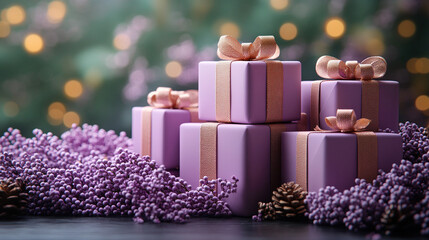 Closeup pink craft packaging, holiday background purple monochrome style, gold decoration ball, pine cones, stars, snowflakes, gift box. Flat lay, copy space, banner, Merry Christmas, New Year