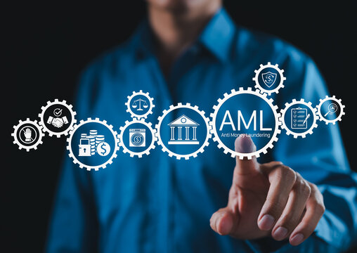 AML Compliance and Anti-Money Laundering Strategy Concept. Businessman interacting with AML icons and gears representing finance, regulation, banking, money laundering prevention, and legal compliance - Powered by Adobe
