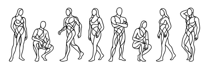 Set of stylized human figure sketches in various standing, sitting, and walking poses. Minimalist anatomy outlines for fashion design, body art, and creative drawing concept
