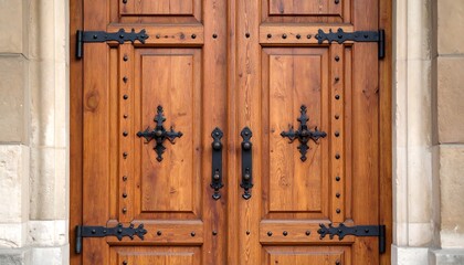 Detailed view of intricately designed wooden doors with decorative ironwork
