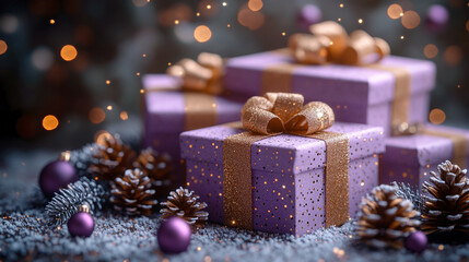 Closeup pink craft packaging, holiday background purple monochrome style, gold decoration ball, pine cones, stars, snowflakes, gift box. Flat lay, copy space, banner, Merry Christmas, New Year