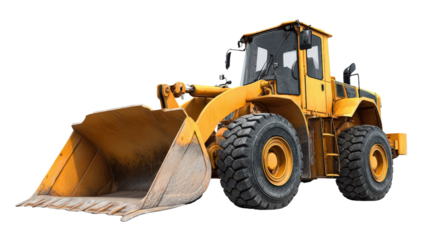 Empty earth mover in parked position with tilted front wheels isolated on a Transparent background, PNG file.