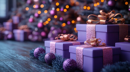 Closeup pink craft packaging, holiday background purple monochrome style, gold decoration ball, pine cones, stars, snowflakes, gift box. Flat lay, copy space, banner, Merry Christmas, New Year